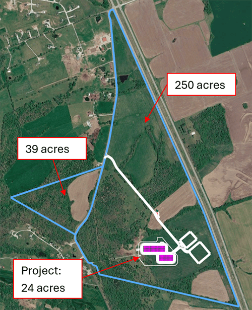Aerial map showing the proposed Millcreek battery storage project west of Highway 61 and just south of Tickridge Road. The overall property is approximately 250 acres. The proposed battery facility and associated equipment would occupy about 24 acres in the southern portion of the property. An additional area is labeled 39 acres in the western portion of the property. Most of the remaining property consists of undeveloped wooded land that would remain as a natural buffer around the facility.