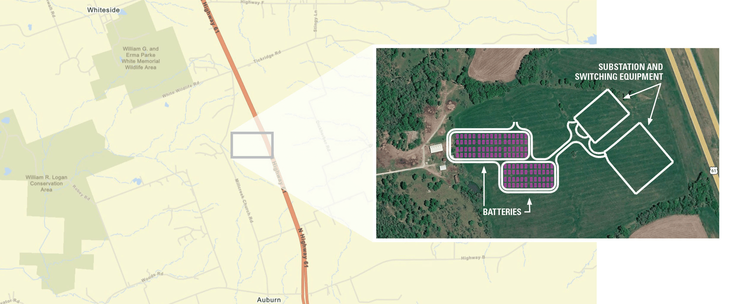 Map and site layout of the proposed Millcreek battery storage project showing the location west of Highway 61 and south of Tickridge Road. The diagram identifies the battery storage area and the proposed substation and switching equipment, with the battery storage area depicted southwest of the substation and switching equipment.