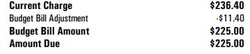 Budget billing charge, adjustment, amount and amount due. 