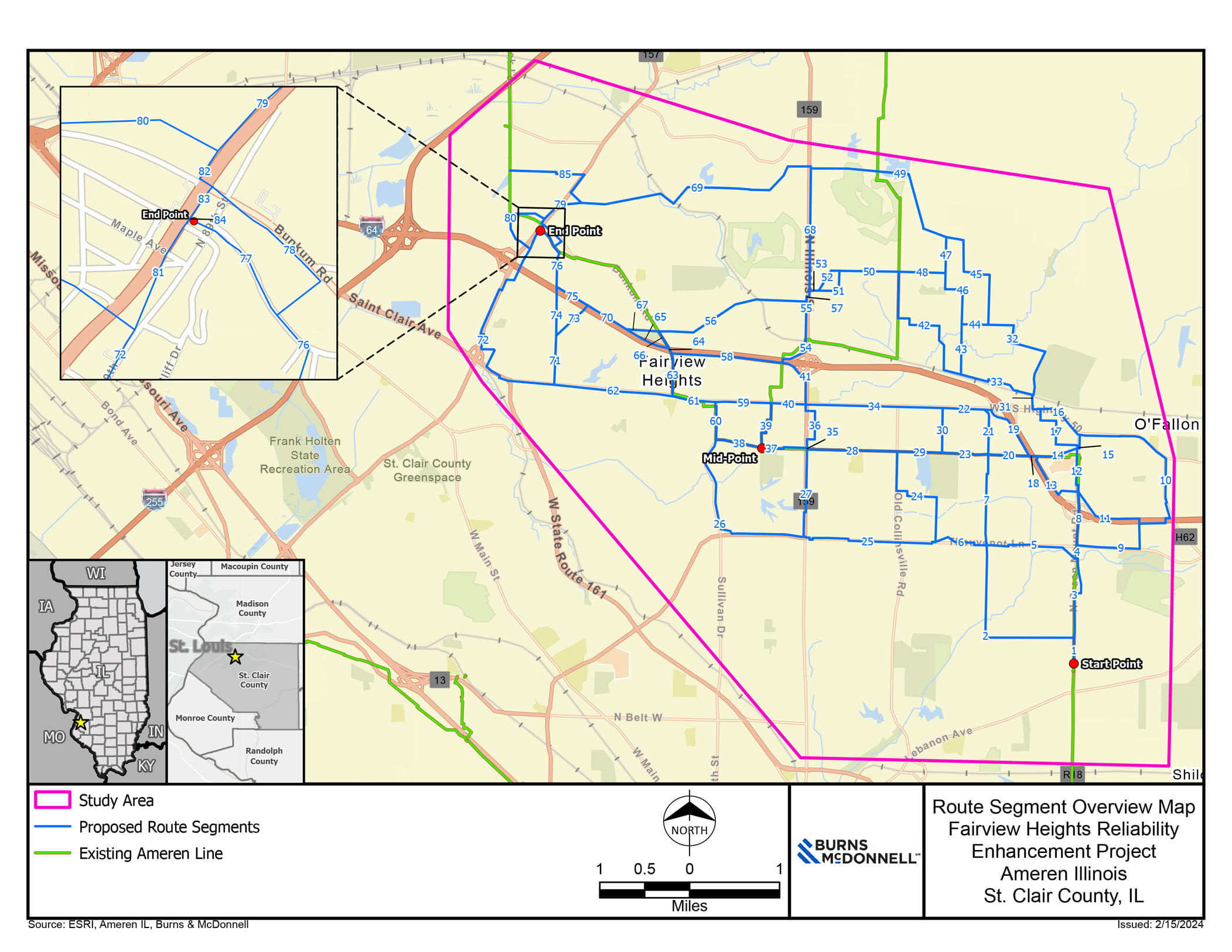 The Map is entitled “Route Segment Overview Map Fairview Heights Reliability Enhancement Project, Ameren Illinois, St. Clair County, Illinois.” Vertical orientation. Map shows the project study area, existing Ameren stations, proposed preliminary route alternatives, and existing Ameren pipeline. The proposed route alternatives are shown passing through portions of the following cities: Belleville, Caseyville, Fairview Heights, O’Fallon, Shiloh, and Swansea. 